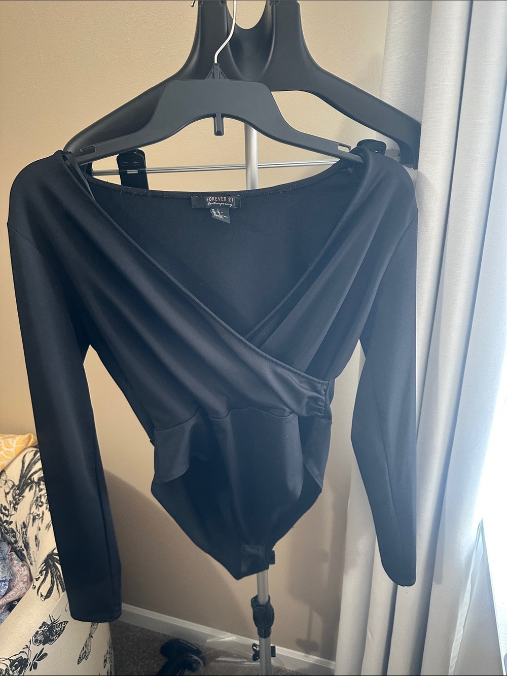 Forever 21 Black Long-Sleeve Wrap Surplice Bodysuit